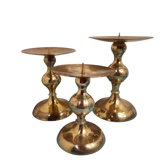 3 Vintage Pillar Brass Candle Holders Embossed Graduated Set Large Ornate - Picture 3 of 12